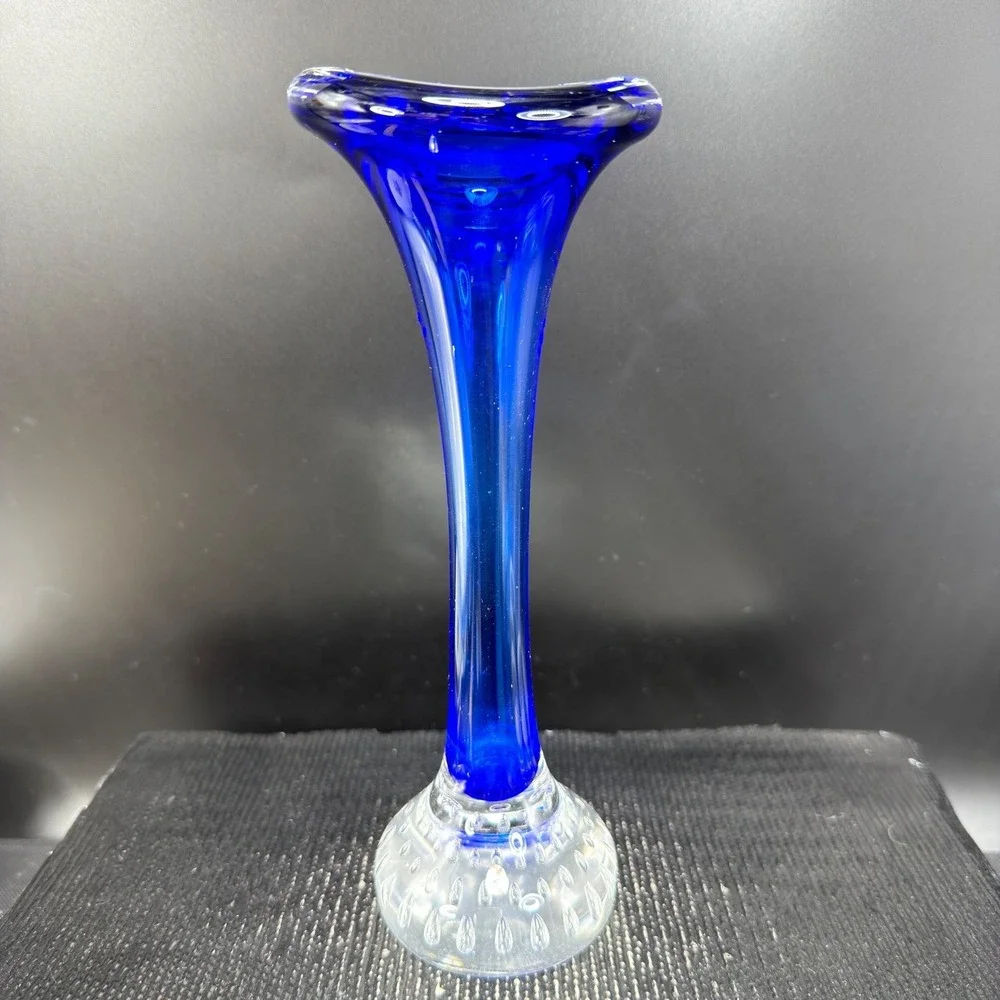 Aseda Glasbruk Cobalt Blue Art‎ Glass Vase Controlled Bubble Base Tri Corner Rim